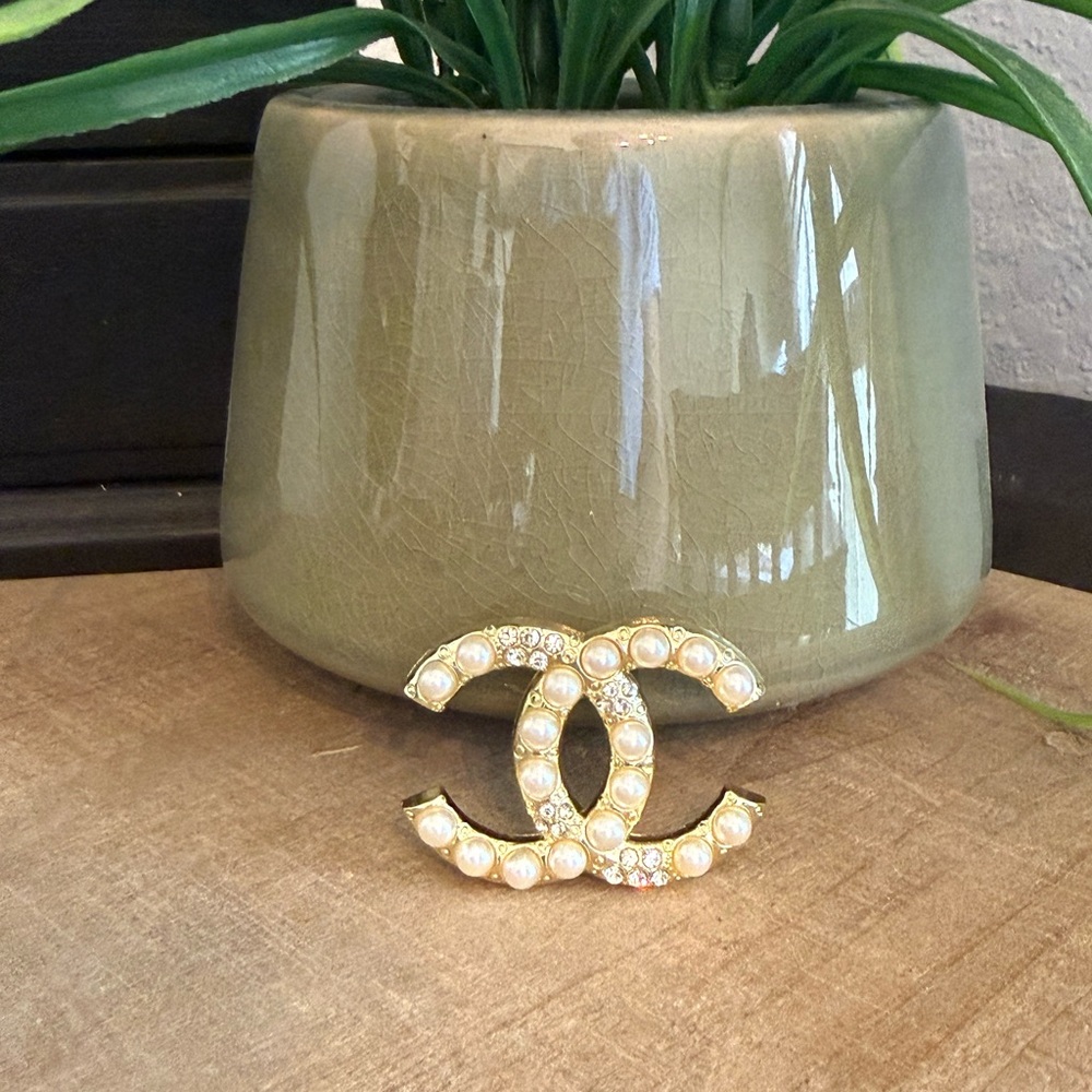 Gold Tone Pearl & Crystal CC Style Brooch